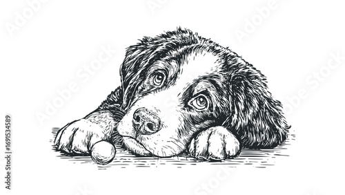 Pensive Bernese Mountain Dog puppy with ball on transparent background. Vector hand drawn illustration