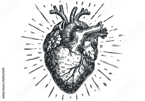 Detailed anatomical heart graphic on transparent background. Vector hand drawn illustration