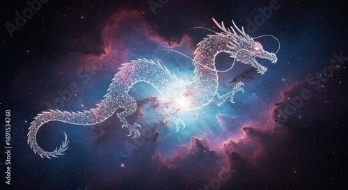 A majestic celestial dragon constellation glowing within a vibrant cosmic nebula