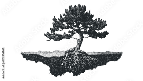 Isolated Stylized Tree with Exposed Roots on Floating Landmass. Vector hand drawn illustration