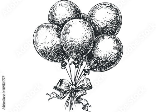 Sketch style bunch of balloons tied with a ribbon on transparent. Vector hand drawn illustration