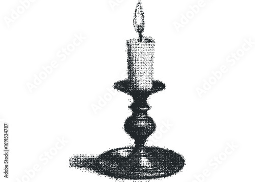 Black and white textured antique candle on candlestick isolated on white background. Vector hand drawn illustration