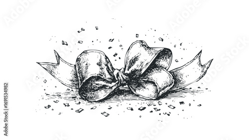 Hand drawn sketchy bow with confetti falling. Vector hand drawn illustration