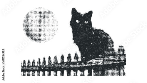 Black cat on fence with full moon nighttime textured graphic. Vector hand drawn illustration