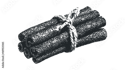 Bundled cinnamon sticks tied with twine on transparent background. Vector hand drawn illustration