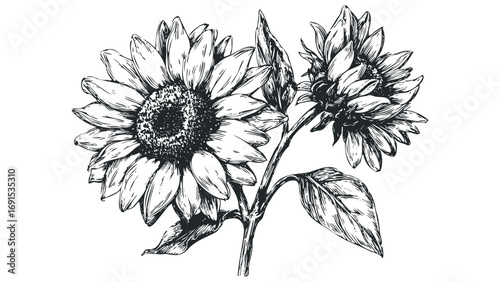 Ink sketch of two sunflowers on a transparent background. Vector hand drawn illustration