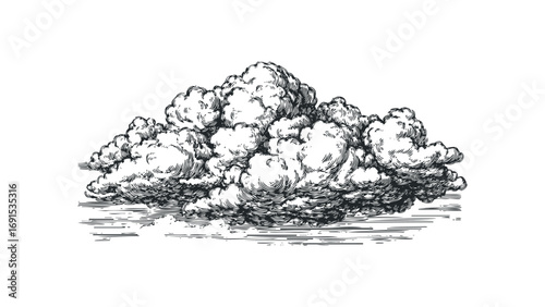 Pencil sketch of cumulus cloud formation isolated on transparent background. Vector hand drawn illustration