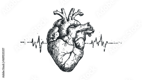 Human Heart with EKG Line. Vector hand drawn illustration