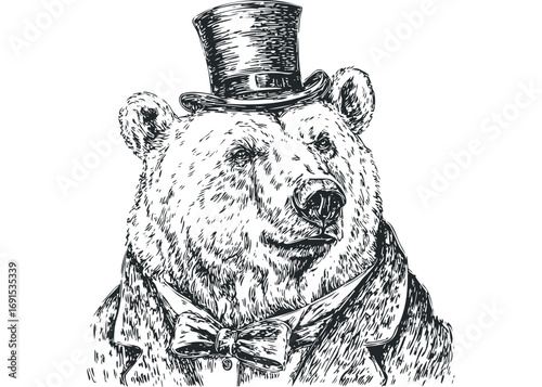 Bear wearing tuxedo and top hat, sketch style, transparent. Vector hand drawn illustration