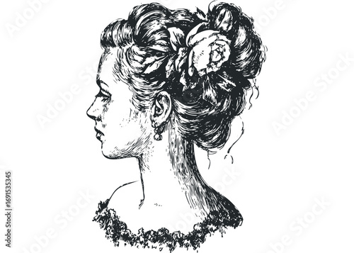Profile sketch of woman with ornate hairstyle and floral accent. Vector hand drawn illustration