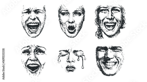 Six Expressive Faces Showing Intense Emotions File. Vector hand drawn illustration