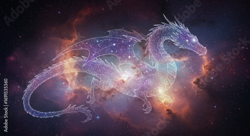 Celestial Dragon Soaring Majestically Through the Cosmic Expanse, a Vibrant Illustration of Mythical Power and Stellar Wonder in the Vastness of the Universe