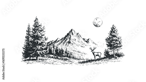 Deer in mountain forest landscape with moon. Vector hand drawn illustration