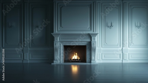 A serene  elegant room featuring a classic fireplace illuminated by a warm fire against tasteful blue walls and polished wood flooring.