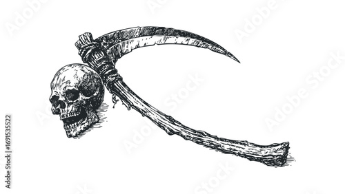 Hand drawn skull and scythe on transparent background. Vector hand drawn illustration