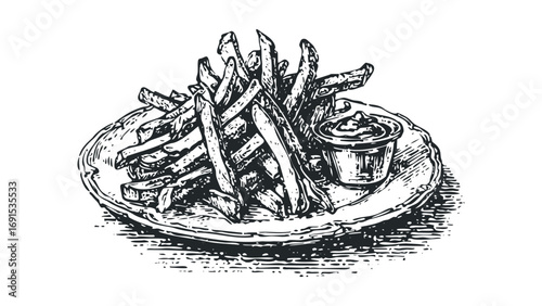Hand Drawn French Fries and Dip on Plate Image. Vector hand drawn illustration