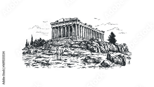 Sketch of ancient temple ruins on rocky hill with goat. Vector hand drawn illustration