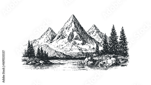 Sketch of Rocky Mountains with Pine Trees and Lake. Vector hand drawn illustration