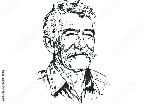 Sketch of an elderly man with a mustache smoking a cigar. Vector hand drawn illustration