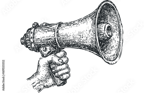 Hand holding megaphone graphic on transparent background. Vector hand drawn illustration