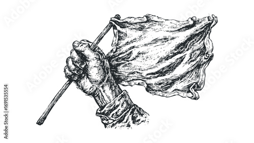 Tightly gripped hand holds a tattered waving flag on a transparent background. Vector hand drawn illustration
