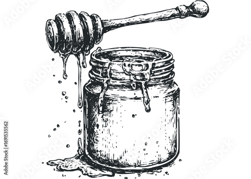Honey dipper with dripping liquid over glass jar. Vector hand drawn illustration