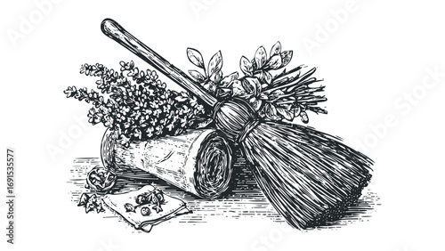 Folk Art Style Broom with Lavender and Herbs. Vector hand drawn illustration