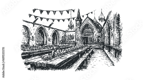 Hand drawn medieval feast hall interior with long tables. Vector hand drawn illustration