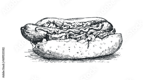 Sketch of a hot dog with condiments on a transparent background. Vector hand drawn illustration