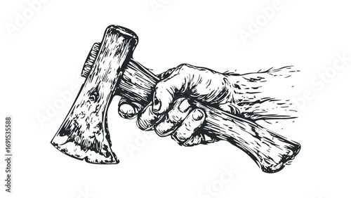 Hand holding vintage axe, isolated on white. Vector hand drawn illustration