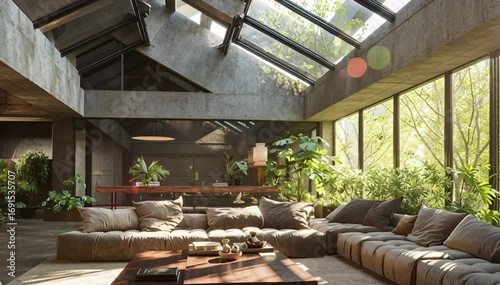 Spacious Living Room with Concrete Walls and Glass Roof
