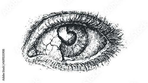 Close-up of a cracked human eye with detailed iris and lashes,. Vector hand drawn illustration