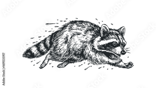 Line art drawing of a running raccoon on a transparent background. Vector hand drawn illustration
