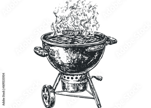 Sketch of a charcoal grill with smoke rising from the top on a transparent background. Vector hand drawn illustration