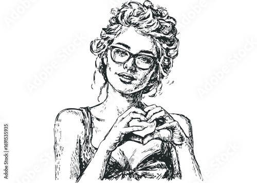 Sketch of a woman wearing glasses with hands forming a heart shape. Vector hand drawn illustration