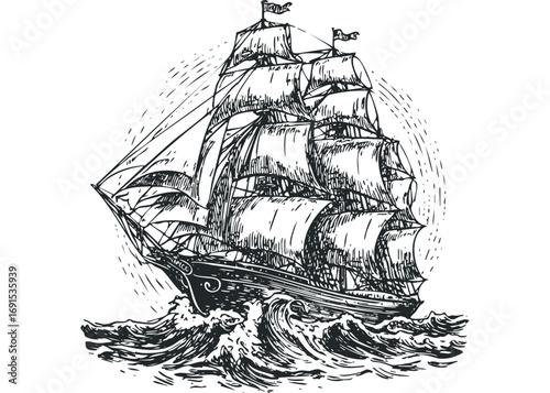 Vintage sailing ship on rough sea image. Vector hand drawn illustration
