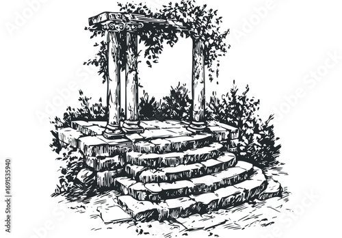Ancient stone archway with columns and leafy vines overgrown with foliage. Vector hand drawn illustration