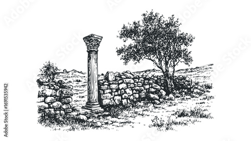 Ancient stone wall with weathered column and olive tree in a landscape drawing. Vector hand drawn illustration