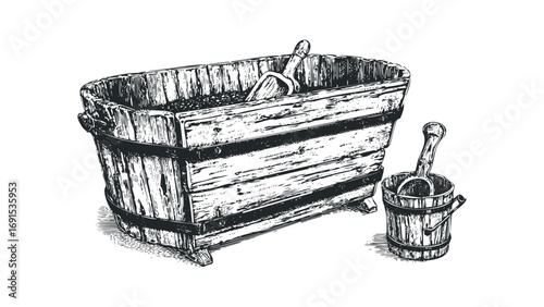 Vintage wooden tub with scoop and small bucket. Vector hand drawn illustration