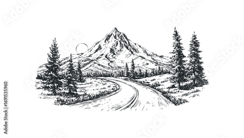 Sketch of a winding road leading to a majestic mountain peak. Vector hand drawn illustration