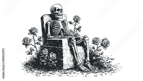 Skeleton seated on ornate tombstone with blooming roses,. Vector hand drawn illustration