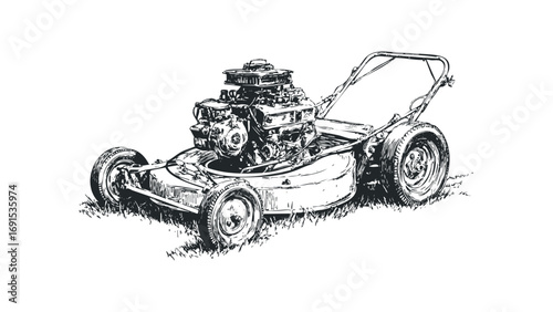 Vintage lawn mower engine detail sketch on grass. Vector hand drawn illustration