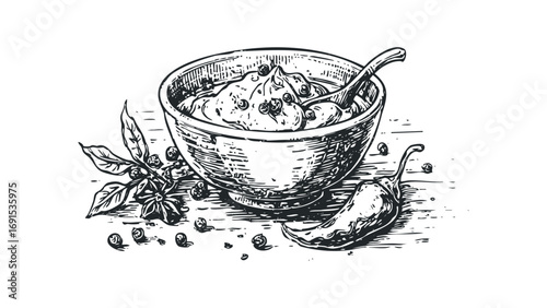 Hand Drawn Sketch of Pepper Paste in Bowl with Spoon and Chili. Vector hand drawn illustration