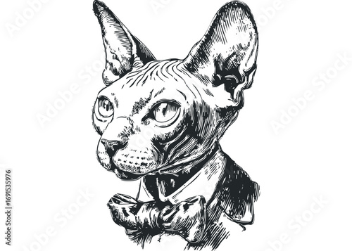 Sphynx cat with bowtie and suit sketch. Vector hand drawn illustration