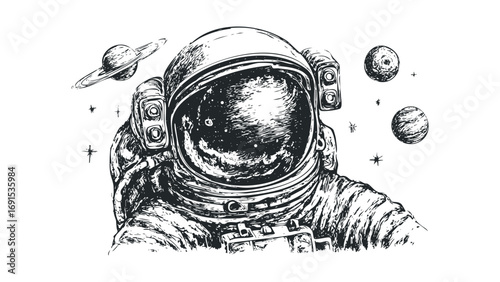 Sketch of an astronaut in a suit surrounded by planets and stars. Vector hand drawn illustration