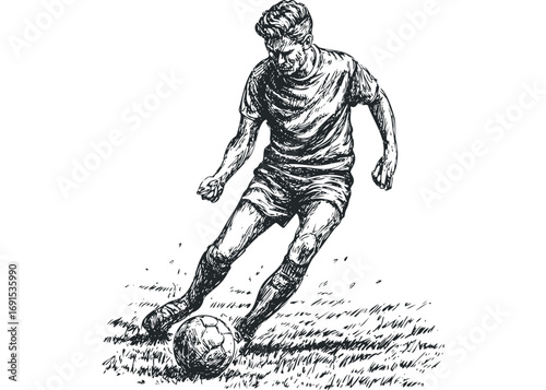 Pencil sketch of a male soccer player dribbling a ball on grass. Vector hand drawn illustration