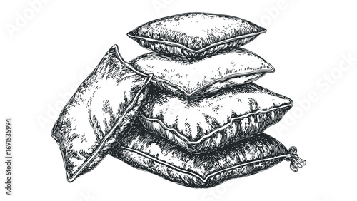 Stack of plush pillows in vintage sketch style. Vector hand drawn illustration