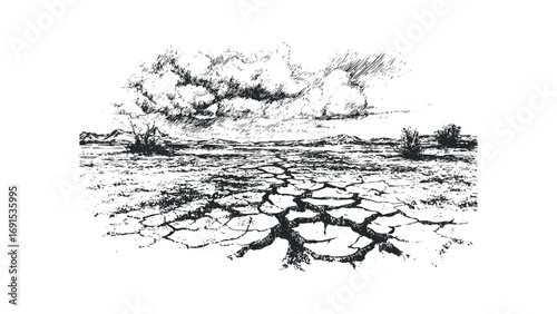 Cracked arid earth texture with distant hills and clouds in sketch style. Vector hand drawn illustration