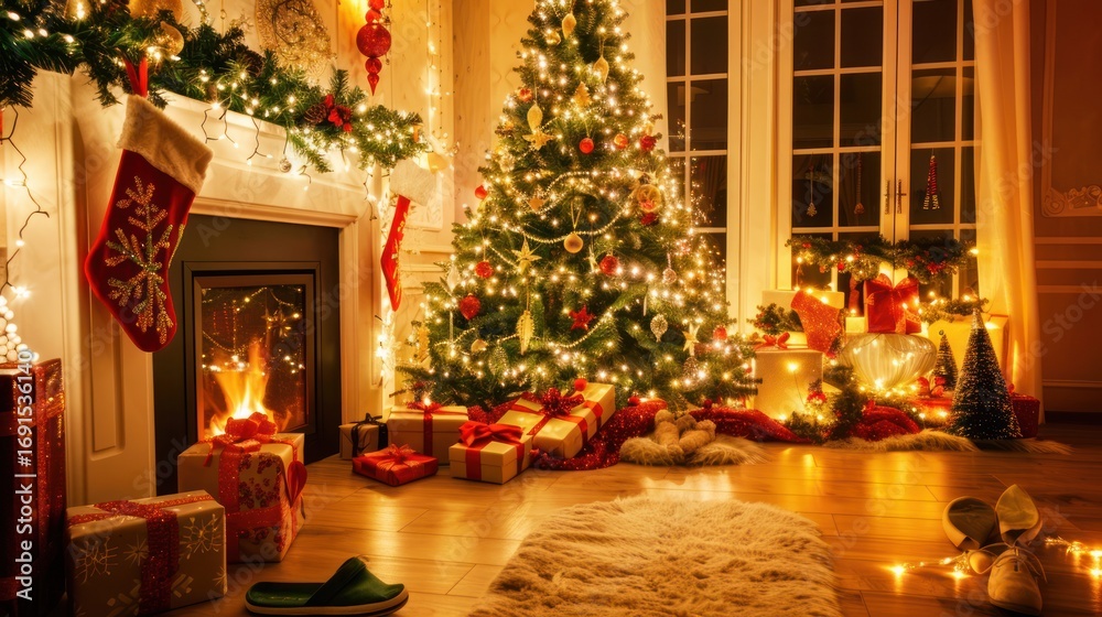 Obraz premium Festive Christmas Living Room with Decorated Tree and Fireplace Warmly Lit