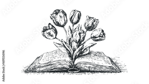 Sketch of tulips emerging from an open book. Vector hand drawn illustration